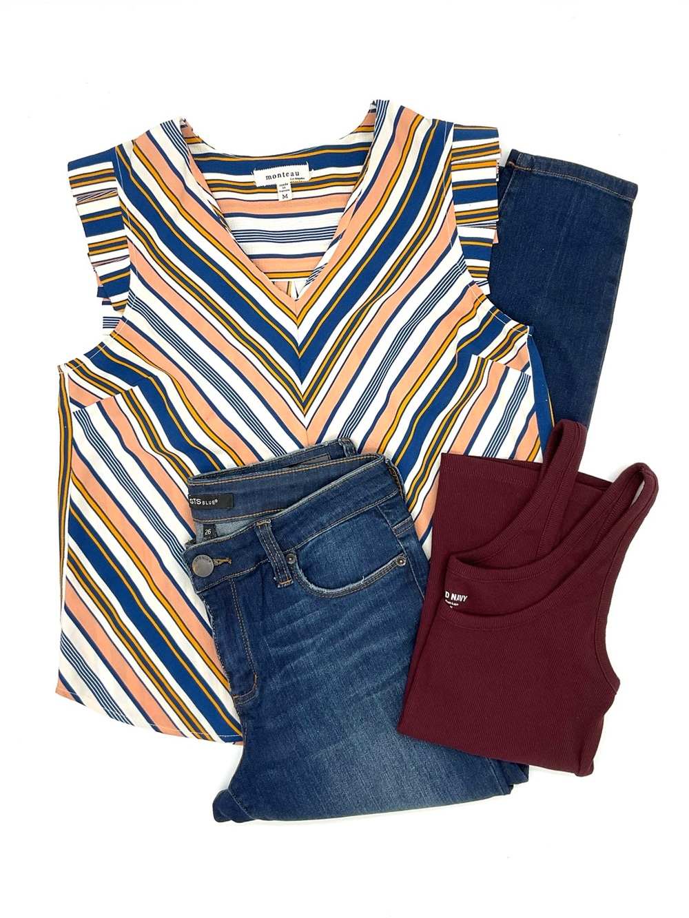 3 PC Bundle STS Blue Skinny Jeans, Stripe Monteau Top + Tank